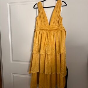 Lulu's Peak Party Vibe Mustard Yellow Satin Tiered Tie-Back Midi Dress
